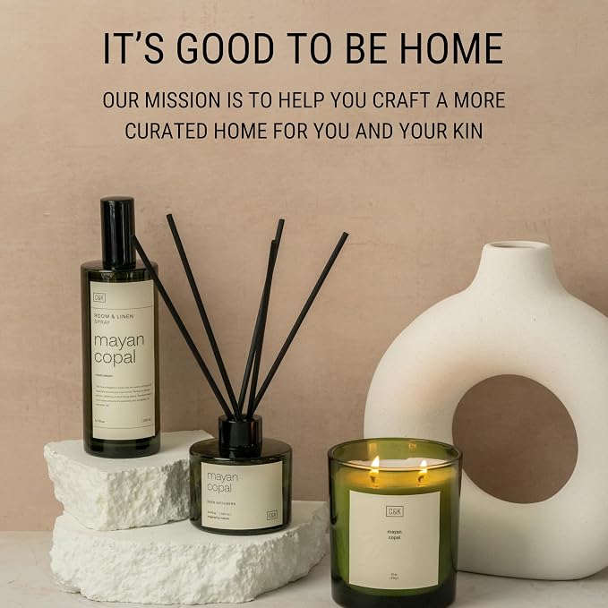 Craft & Kin Premium Santal Woods Reed Diffuser – 3.4 oz Natural Essential Oil Diffuser for Home & Bathroom – Long-Lasting Fragrance with Rattan Scent Sticks – Green Glass Room Decor