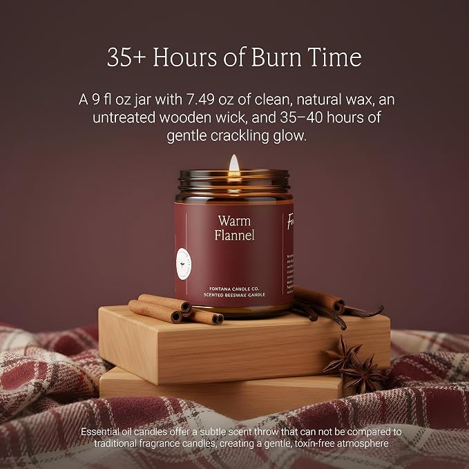 Fontana Candle Co Wood Wick Beeswax Jar Candle, Warm Flannel – Made Safe with Coconut Oil & Pure Essential Oils – 35+ Hrs Clean Burn, Long Lasting and Non-Toxic Candles for Home & Room Décor