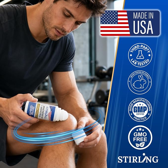 Stirling Menthol Roll On Lotion with Magnesium and 1500mg Pure Hemp - Non-GMO, THC-Free - Fast-Acting Relief for Sore Muscles and Joints, Reduces Swelling and Redness, Promotes Post-Workout Recovery