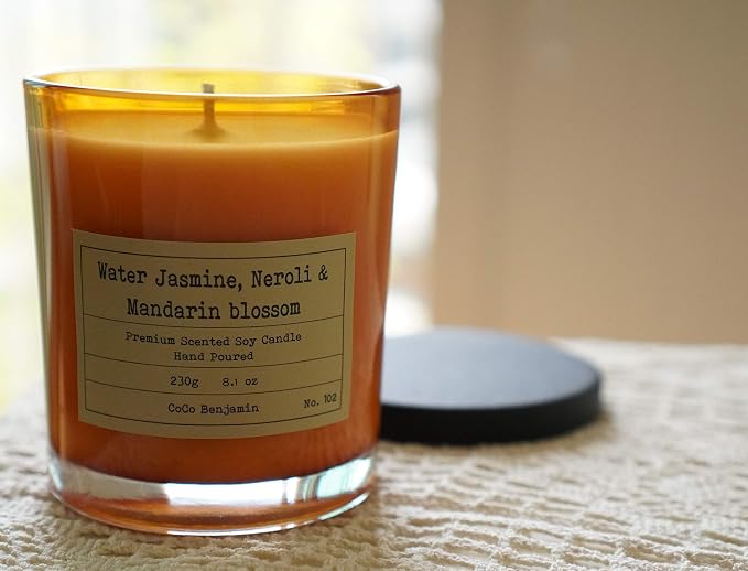 100% Natural Soy Wax Candle by CoCo Benjamin - Highly Scented & Hand-Poured Luxury Candle (Water Jasmine, Neroli & Mandarin Blossom) - Clean Burning Cotton Wick