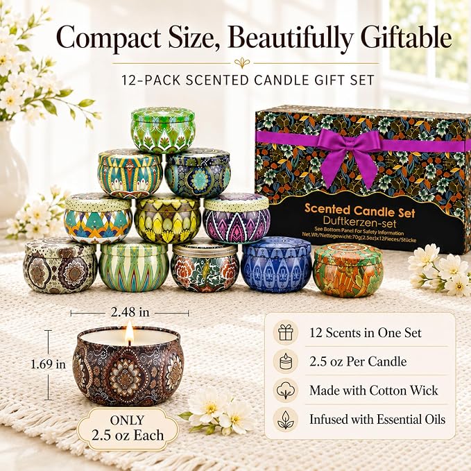 Scented Candles Gift Set, 12 Pack Soy Wax Candles for Home, 12 Scents, Aromatherapy Travel Tins with Gift Box for Women, Birthday, Housewarming, Relaxation