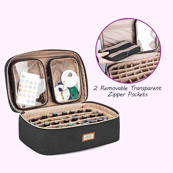CURMIO Essential Oil Storage Case for 40 Bottles (5ml-30ml), Essential Oils Organizer Case with 2 Detachable Visible Pouches and Portable Handle, Patented Design, Black (Bag Only)
