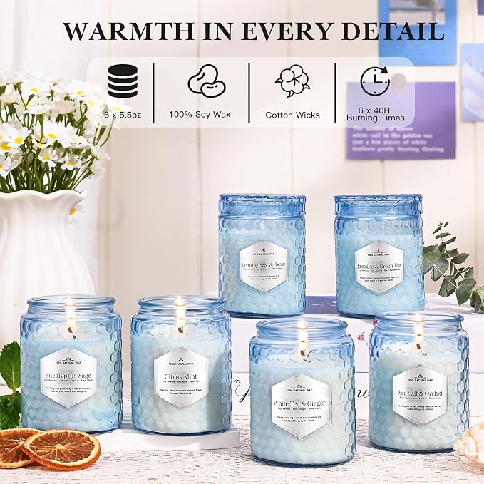 Lake Blue Candles for Home Scented, 6 Pack of 5.5 Oz Natural Soy Wax Candles in Decorative Glass, Home Aromatherapy Gifts Sets for Women Birthday Christmas Refresh & Relaxation