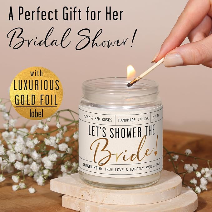 Bridal Shower Gifts, Bride Gifts for Bride to Be - 'Let's Shower the Bride' Soy Wedding Candle, w/Peony Wedding Bouquet - infused w/Essential Oils I Bachelorette Gifts for Bride I 50Hr Burn, USA Made