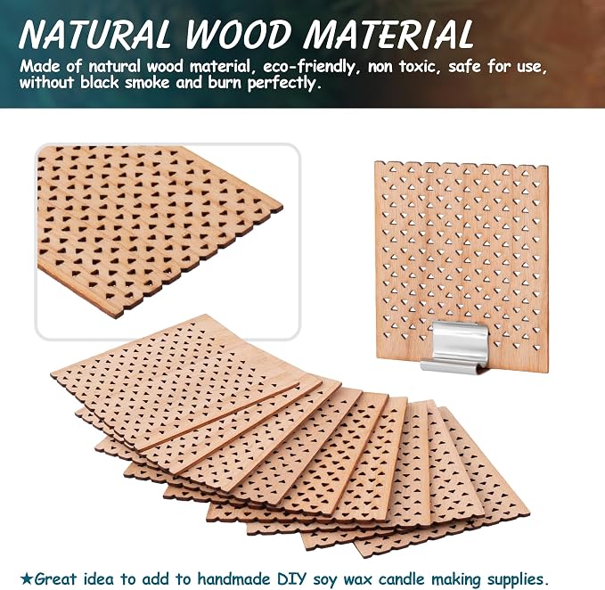 10 Set Wood Candle Wick Grid Design Large Wooden Wick 1.6x1.8inch / 40x45mm (Width*Height), Natural Crackling Wood Wick Core with Iron Stands for Soy Candle Making Handmade Candles Supplies