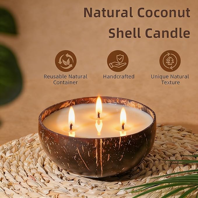 Viyffo Creamy Coconut Scented Candle, Large 18oz 3 Wick Non Toxic Soy Candles, Natural Coconut Shell Candle for Home, Soft & Creamy Aromatherapy for Relaxation & Spring Décor, Gift for Women & Men