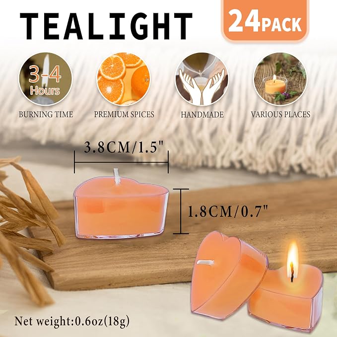 Orange Scented Heart Tealight Candles, Orange Scent Tea Lights Candles Clear Cup, 24 Pack Colored Tealights Candle, 4 Hour Burn Time for Weddings Romantic Decor