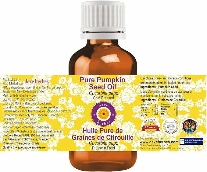 Deve Herbes Pure Pumpkin Seed Oil (Cucurbita pepo) | Cold Pressed | Natural | Undiluted | For Diluting Essential Oils | For Hair, Skin & Massage | Men & Women | 30ml X 2