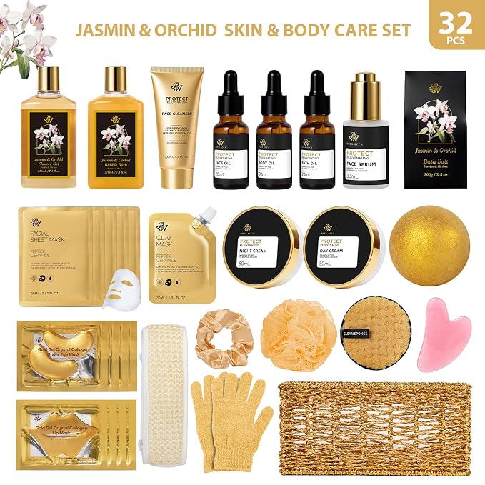 Gifts for Women, Orchid 32 Pcs Spa Gifts Basket Set for Women, Self-Care Relaxation Basket Gift Kit, Hydrating Face Skin Care Set, Bath & Body Care Set, Birthday, Christmas, Valentines, Anniversary