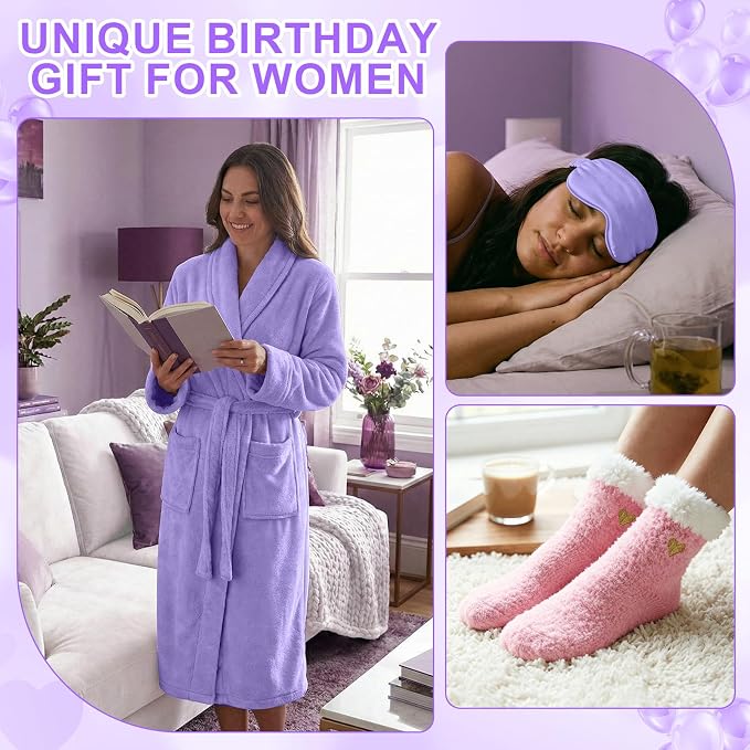 Sieral 12 Pcs Birthday Gifts for Women Spa Basket Set for Women Mother's Day Gifts Flannel Bathrobe Tumbler Scented Candle Makeup Bag Eye Mask Mirror Bracelet for Mom, Nurse, Wife, Girlfriend