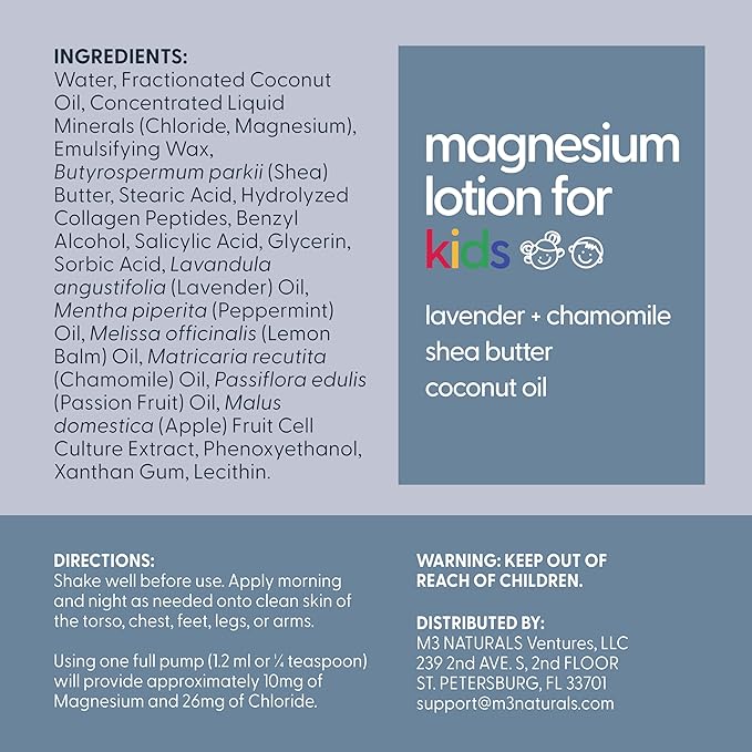 Lavender Magnesium Lotion for Kids & Magnesium Lotion for Babies with Chamomile | Soothes Tired Legs, Supports Restful Sleep, Moisturizes Sensitive Skin, 8 fl oz (237 mL) by M3