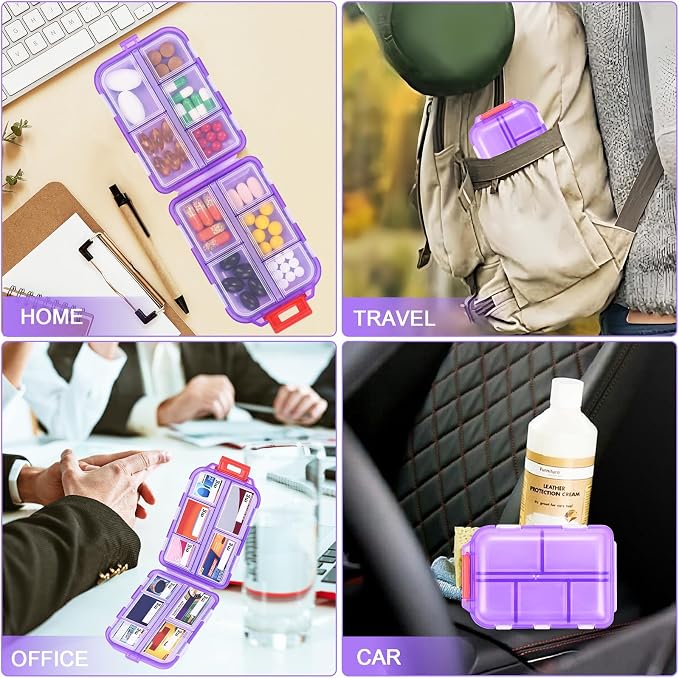 Travel Pill Organizer with 189 Labels, 10 Compartments Pill Travel Case Travel Medicine Organizer Purse Essentials Travel Daily Pill Container Mini Pill Case(Purple, 1 Pack)