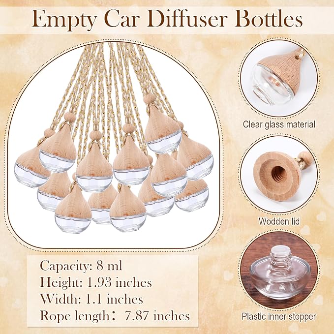 Boao 50 Sets Hanging Car Air Freshener Diffuser Bottles with 2 x 3.54 Inch Car Diffuser Instructions Cards for Empty Essential Oil Bottles(White Card,Water Droplet)
