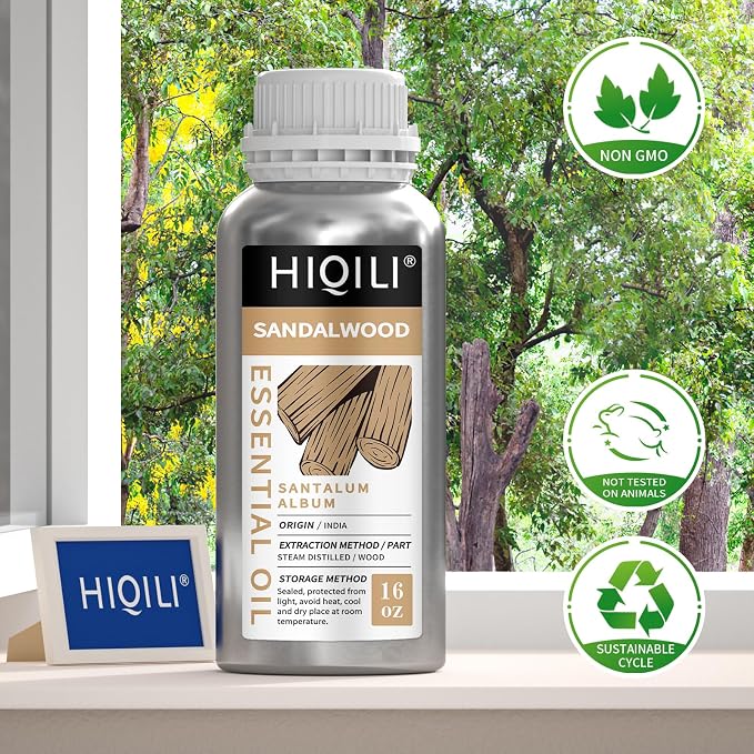 HIQILI Sandalwood Essential Oils, Long-Lasting Scent for Perfume, Diffuser, Soap Making & Candle- 16 Fl Oz