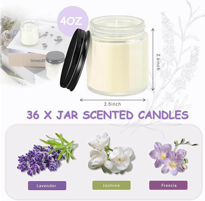ACITHGL 36 Pcs 4oz Mini Mason Jar Candles Small Scented Candles Bulk Aromatherapy Ideal Souvenir Favors for Wedding Birthday Party (Freesia, Lavender, Jasmine, Black)