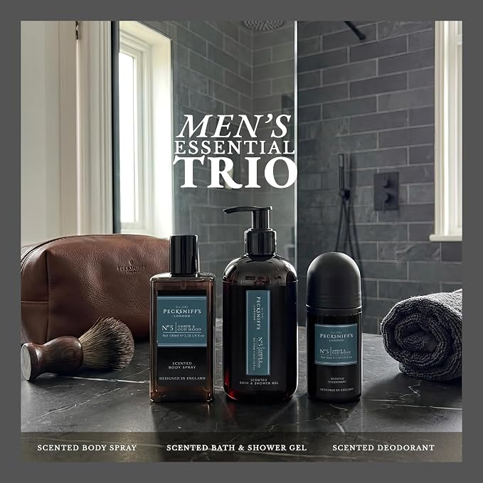 Pecksniff’s Men’s Essentials Body Trio Gift Set – Amber & Oud Wood – Bath & Shower Gel 250ml, Body Spray 100ml, Deodorant 50ml