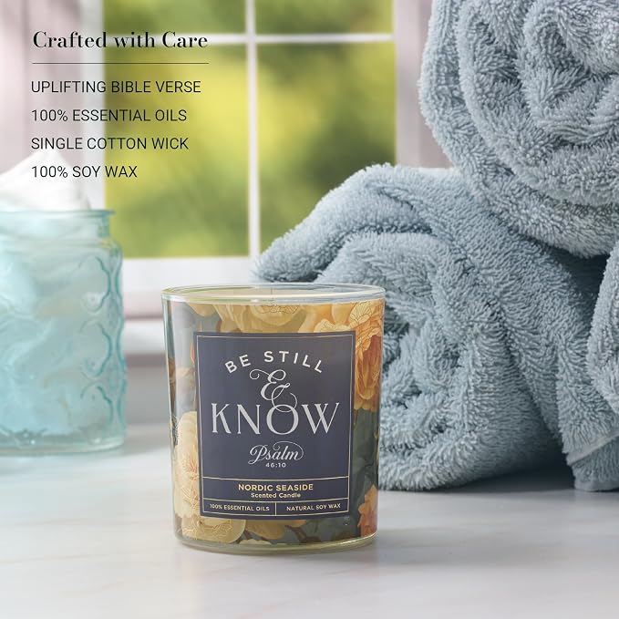 Christian Art Gifts Soy Wax Scented Candle: Be Still & Know Bible Verse, Nordic Seaside Scent, Pure Essential Oils, 4.5 oz, Up to 20 Hours Burn Time, Glass Jar w/Bamboo Lid, Women's Encouragement Gift