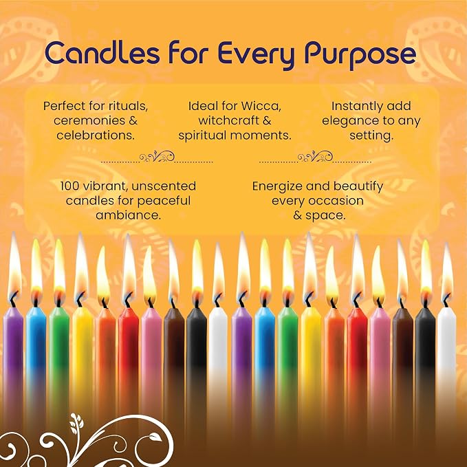 Candles 100 pcs Unscented Assorted Colors Taper Candle 4 Inch Tall x 1/2 Inch Diameter Great for Casting Chimes Rituals Spells Vigil Witchcraft Wiccan Supplies Wax Play (Multi)
