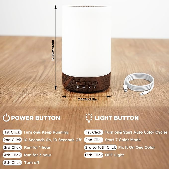 Essential Oil Diffuser, 150ML Small Portable Aromatherapy Diffuser, Home Fragrance Aroma Diffuser with 7-Color LED Light, Ultrasonic Cool Mist Humidifier/Air Revitalizer for Office, Bedroom,Yoga