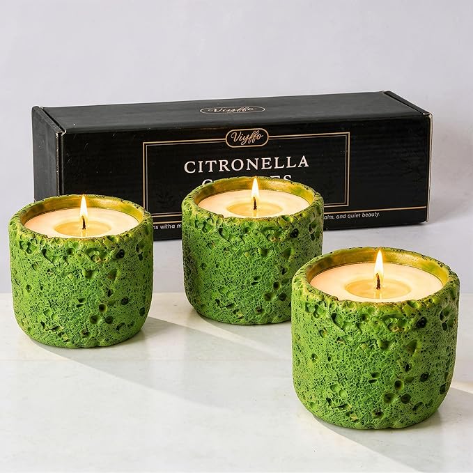 Viyffo 3 Pack Citronella Candles Outdoor, Lemongrass Scented Candle Set, Small 6oz Soy Candle in Green Ceramic Jar, Outdoor Candles for Patio, Deck, Garden, Backyard & Camping Gift (12 Hour Burn Each)