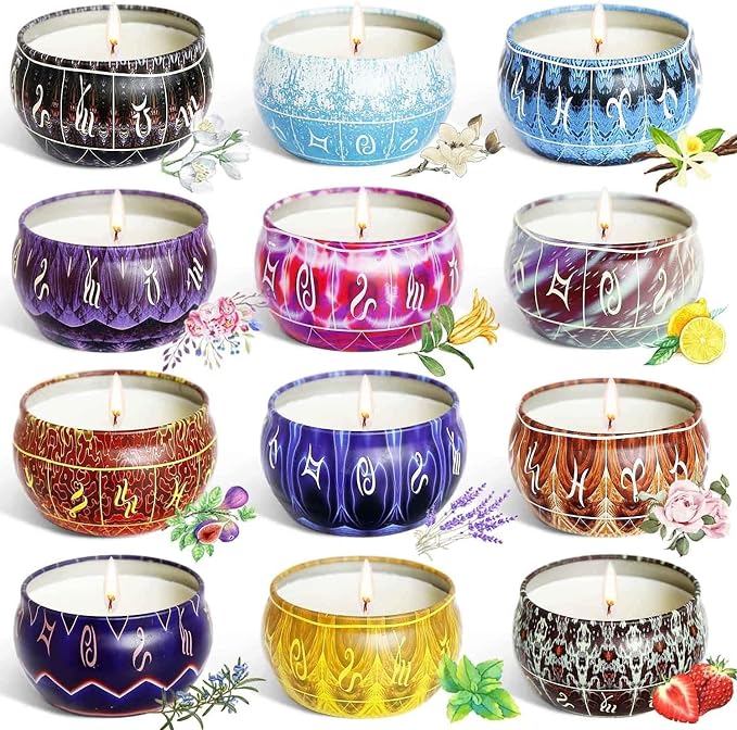 Set of 12 Small Scented Candles Soy Wax Aromatherapy Candles 2.5 OZ Portable Tin Candles with Lid, Relaxation Gifts Basket for Mother, Women, Friends and Coworkers