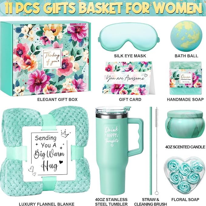 Birthday Gifts for Women Self Care Get Well Soon Gifts, Ocean Relaxing Spa Gift Box Care Package Basket w/ Luxury Flannel Blanket 40 oz Tumbler, Mother's Day Gift for Mom Her Wife Girlfriend Grandma