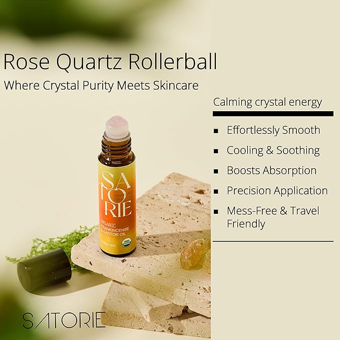 Satorie 2-Pack Organic Castor & Frankincense Oil with Rose Quartz Rollerball - USDA Certified Essential Blend Oil Roll-On, for Face, Under Eyes, Anti-aging, Dark Circles