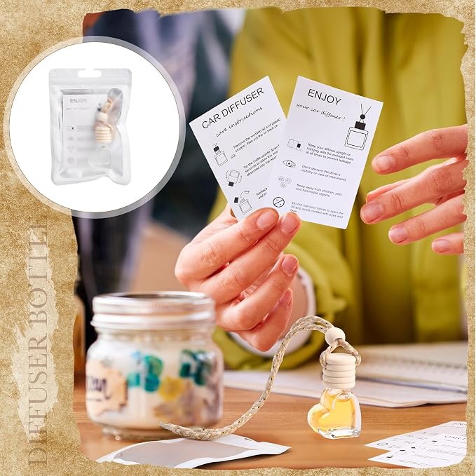 Boao 100 Sets Hanging Car Air Freshener Diffuser Bottles with Instruction Card and 4 x 6'' Resealable Holographic Bag for Empty Car Essential Oil Perfume Bottles Packaging (Heart)
