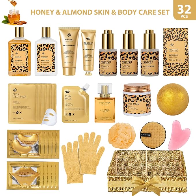 Gifts for Women, Gifts Basket for Women, 32 Pcs Honey & Almond Bath & Body Gift Basket, Hydrating Face Skin Care Gift Set, Self-Care Home Spa Basket Gift Set, Birthday, Christmas, Anniversary