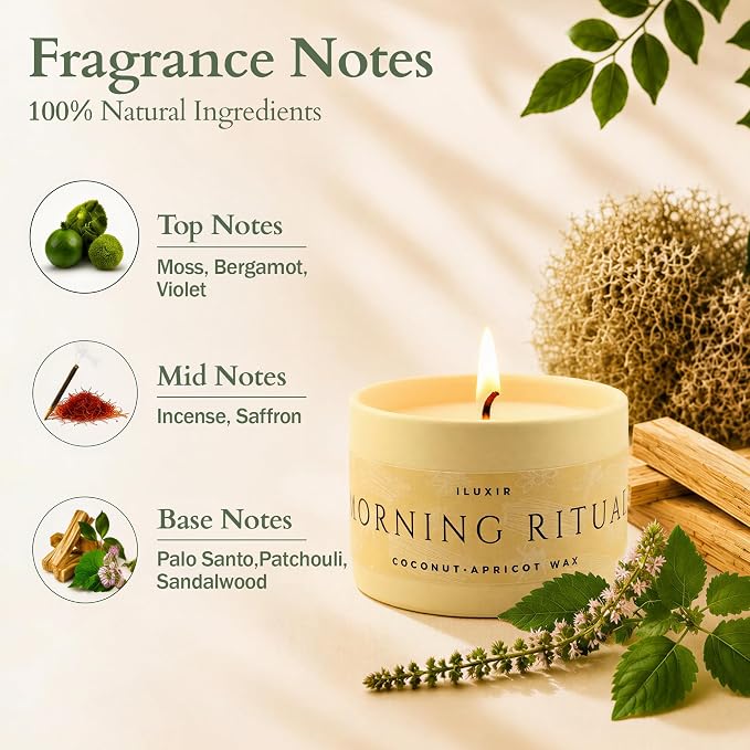 Palo Santo & Sandalwood Scented Candle, 5Oz Coconut Apricot Wax, Aromatherapy Candle for Yoga, Meditation & Morning Ritual, Non-Toxic Phthalate-Free, Vegan, Clean Burn- Perfect for Luxury Gift