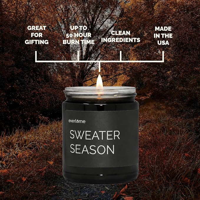 Premium Soy Wax Candle | Highly Scented Black Glass Jar Candles | Long Lasting, Clean Burn | 8 oz | Gifts for Man and Woman | Made in USA (Sweater Season)