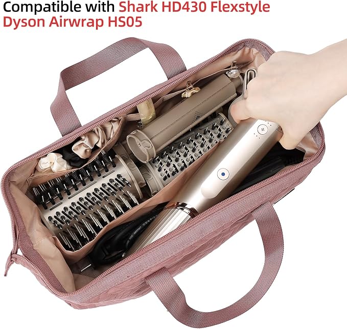 NISHEL Hair Tools Travel Carrying Bag, Portable Hair Air Wrap Dryer Case, Hair Dryer/Curling Iron/Airstraight Attachment Organizer, Rosewood-Pink