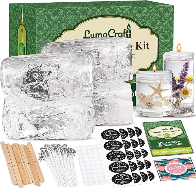 LumaCraft Clear Gel Wax for Candle Making – 4.4LB (2000g) Transparent Jelly Wax with 50 Wicks, 50 Wick Stickers & 10 Wick Holders - Natural Non-Toxic DIY Gel Candle Supplies for Beginners & Crafters