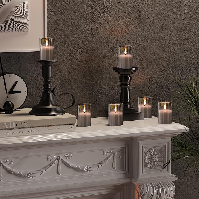 VIODAIM 6Pack Glass Flickering Flameless Candles with Remote, 2"X3" Real Wax Votive Candles Battery Operated, Small Electric LED Candles for Wedding Home Decor, w/4 Timers+2 Lighting Modes [Gray]