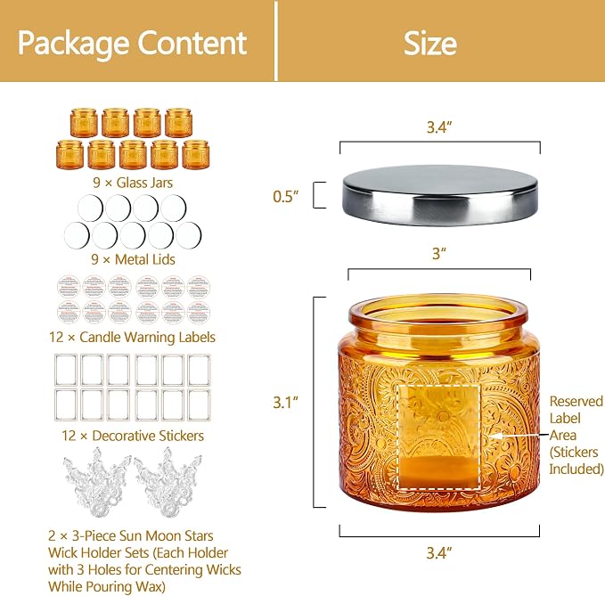 10 oz Orange Sun Moon Stars Candle Jars with Metal Lids, 9 Pack | Patented Embossed Design, Includes Wick Centering Devices & Warning Labels, Multiple Color Options
