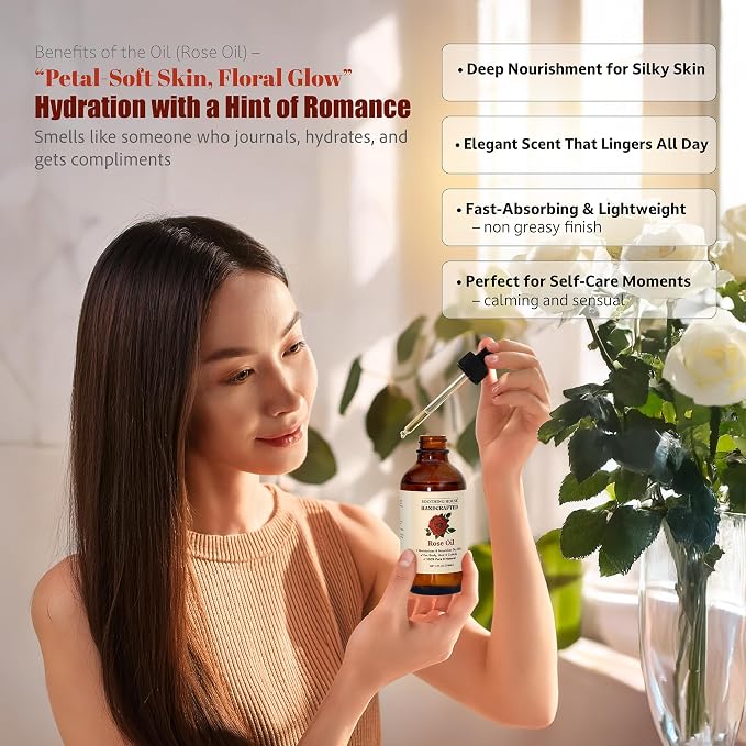 Rose Body Oil, Moisturizing Body Oil for Soft Skin and Dry Skin With Jojoba, Olive, Vitamin E & Rose Oil, 4 oz