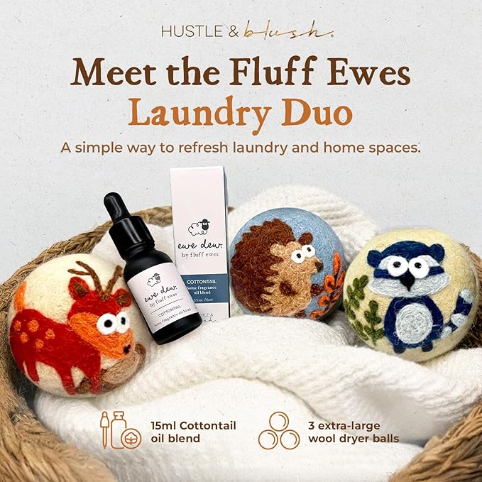 Hustle & Blush Essential Oils Blend and Wool Dryer Balls Bundle Laundry Set, Reduces Drying Time, Chemical Free with Long Lasting Fresh Scent Laundry Supplies - Hedgehog 3 Pack & 15 ml Cottontail Oil