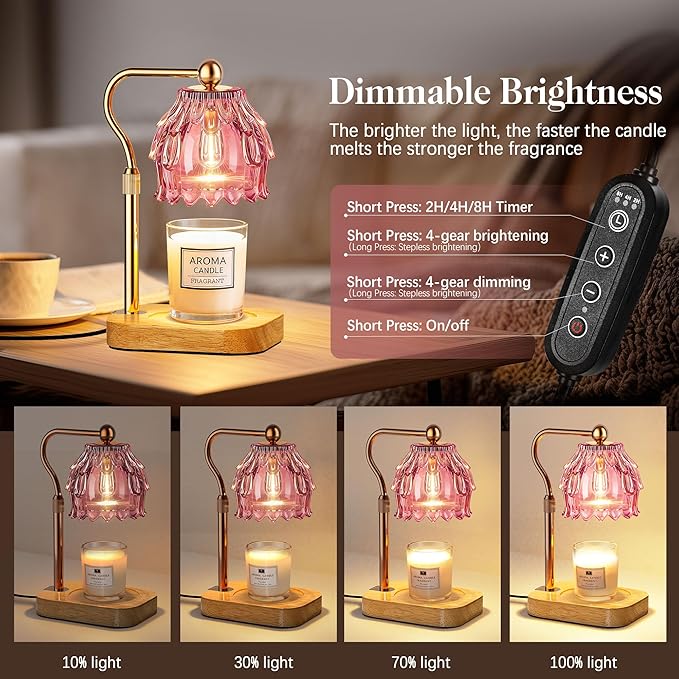 Candle Warmer Lamp with Timer Dimmer, Modern Wax Warmer for Scented Wax Jar Candle Warmer with 2 Bulbs, Adjustable Height Glass Lamp for Gifts for Women, House Warming Gifts, Home Decor, Gold Pink