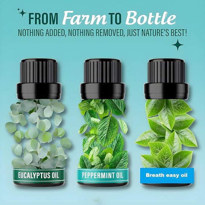 Breathe Essential Oil Set – 3-Pack Aromatherapy Oils for Diffusers, Massages & DIY Recipes – Peppermint, Eucalyptus & Breath Easy – 100% Pure, Natural & Undiluted (3 x 0.34 Fl Oz)