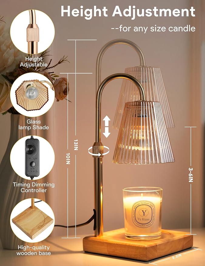 Candle Warmer Lamp with Timer, Dimmable Candle Warmer for Home Decor, Birthday Gifts for Women Mom, Adjustable Height Wax Melt Warmer with 2 Bulbs