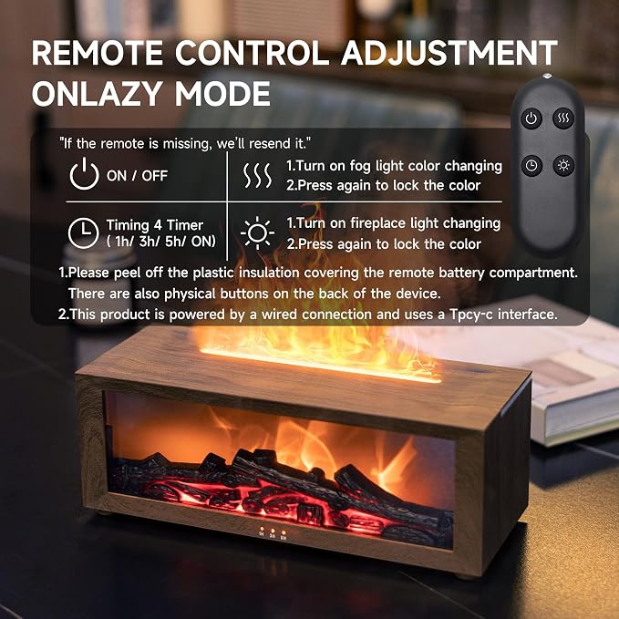 TMEHM Fireplace Flame Air Diffuser Humidifier,7 Colors Aromatherapy Essential Oil Diffuser,Ultrasonic with Timer for Home,Bedroom,Office,Yoga (Dark Wood Grain)