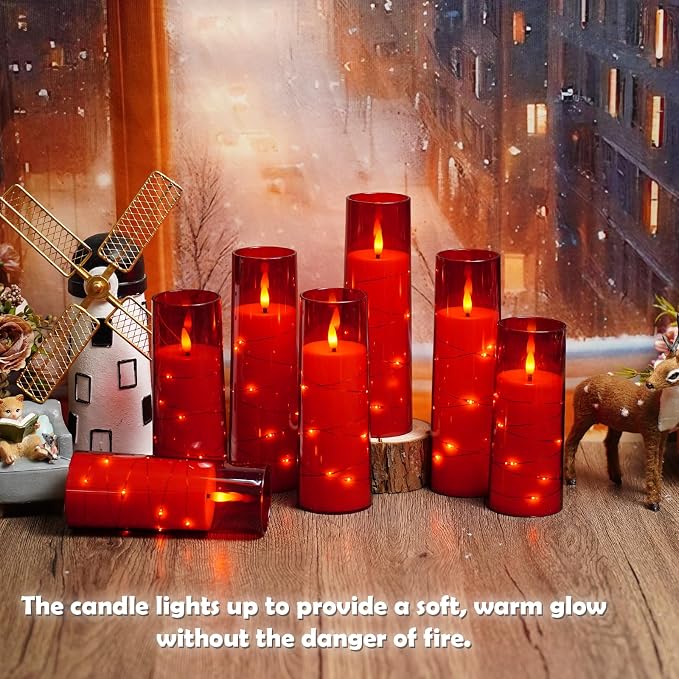 kakoya Flameless LED Candles with Timer 24 Pc Flickering Flameless Candles for Romantic Ambiance and Home Decoration Stable Acrylic Shell,with Embedded Star String，Battery Operated Candles（Red）