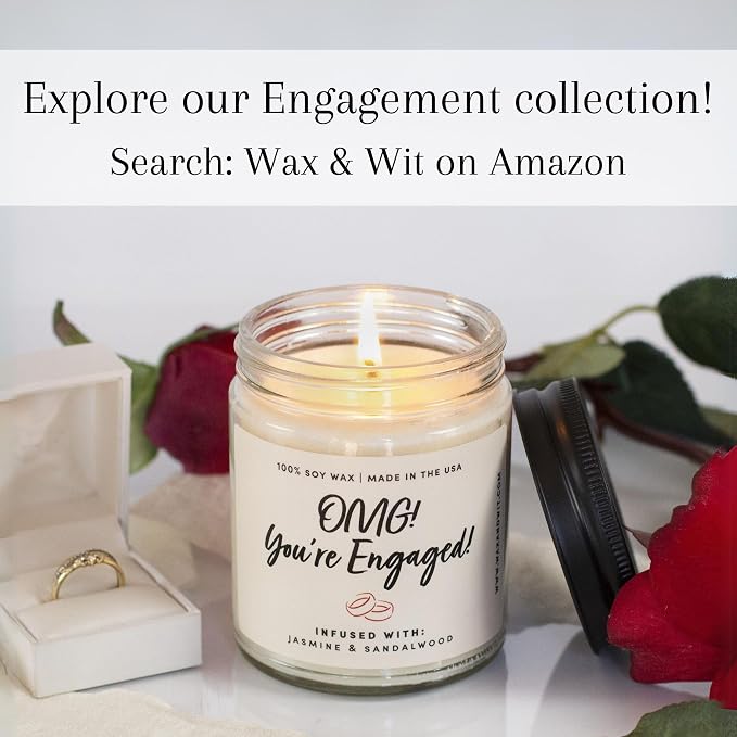 WAX & WIT Engagement Candles Gifts for Couples - Scented with Jasmine Sandalwood - Newly Engaged Couples, Bridal Shower, Bride to Be - 9oz, Soy Wax, 50 Hour Burn, Premium Candle