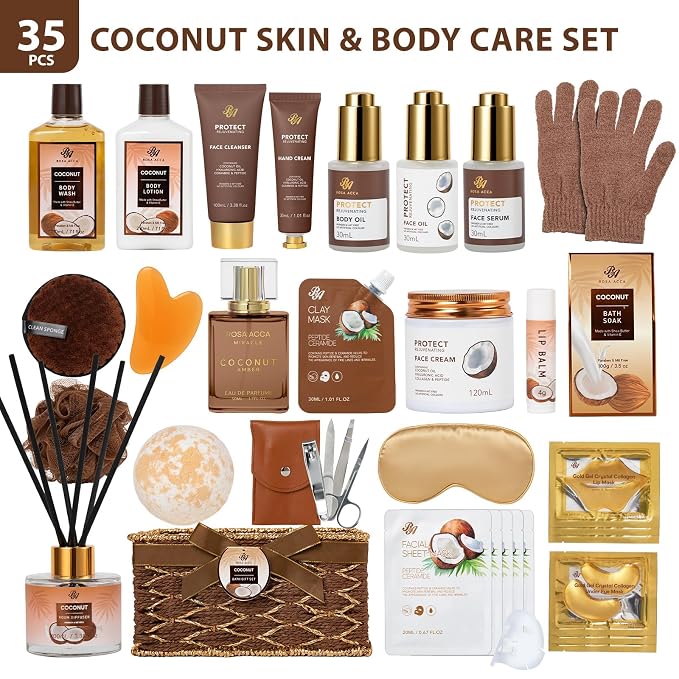 35 Pcs Coconut Vanilla Spa Gift Basket for Women & Men, Face Skin Care Set, Bath & Body Set, Self Care Pamper Kit, Diffuser, Bath Bomb, Birthday, Christmas, Valentines, Mother Day, Anniversary