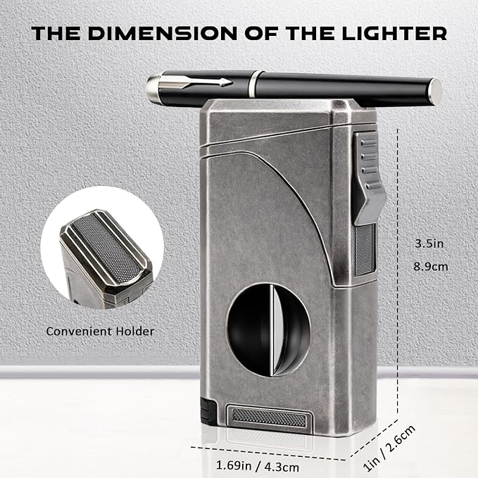 6-in-1 Triple Jet Butane Torch Lighter Built-in V & Straight Cutter, Punch, Holder, Draw Enhancer, Refillable Lighters and Windproof Gas Lighter for Candles, Cool Lighter for Men (No Gas)