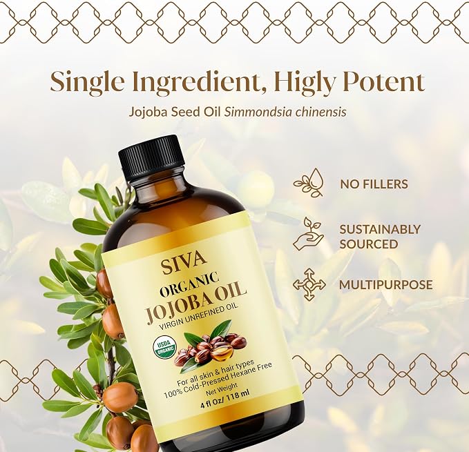 Siva Jojoba Organic Oil 4oz (118ml) Premium Cold-Pressed 100% Natural Organic Carrier Oil with Dropper for Face, Skin Care, Body Massage, Hair Care, Hair Oiling & Scalp Massage