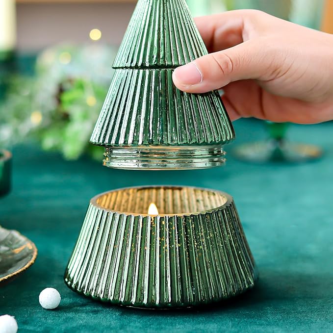 Fir Pine Scented Candle Mercury Glass Tree Decorative Scented Candle Soy Wax Aromatherapy for Spring Home Table Decor Gift for Women 8oz Green