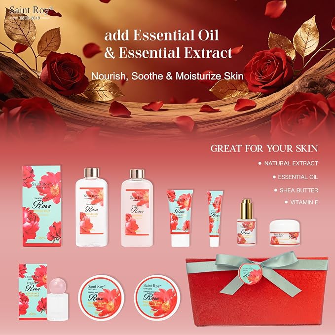 35 Pcs Spa Kit Gift for Women, Sandalwood Red Rose Bath and Body Basket Gift, Face Skin Care Kit, Home Spa Self Care, Lip Gloss, Birthday, Christmas, Mother, Bridal Shower, Anniversary