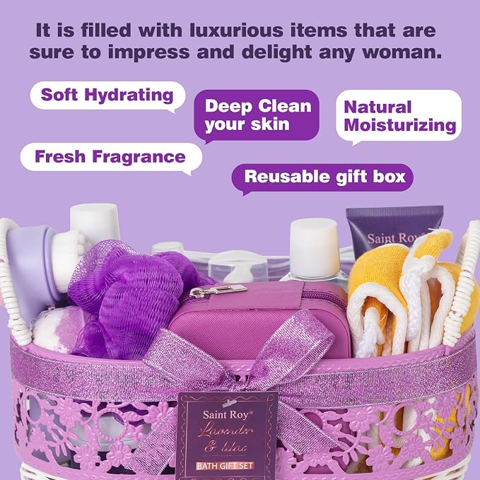 25Pcs Lavender Bath and Body Gift Basket, Hydrating Skin Care Kit, Spa Kit | Self-Care Set, Home Spa Basket set, Beauty Care Kit w/ Necklace, Birthday, Christmas, Mother Day, Anniversary, Bridal Shower