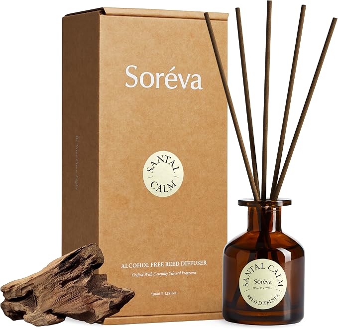 Soréva Luxury Reed Diffuser Set, Calm Sandalwood Cedar Musk, Plant-Based Essential Oils, 120 Days Mindful Aromatherapy Home Fragrance, Bedroom & Office, Gift Set, 7 Sticks, 4.39 fl oz